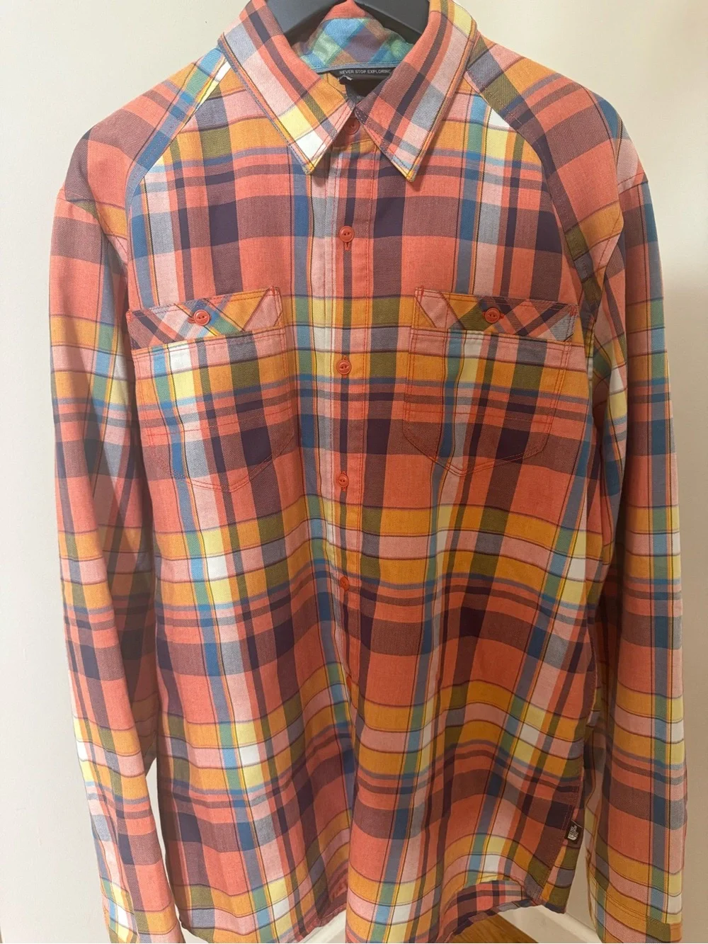 The North Face Men's Plaid Button-Up Shirt in Orange and Blue - size Medium